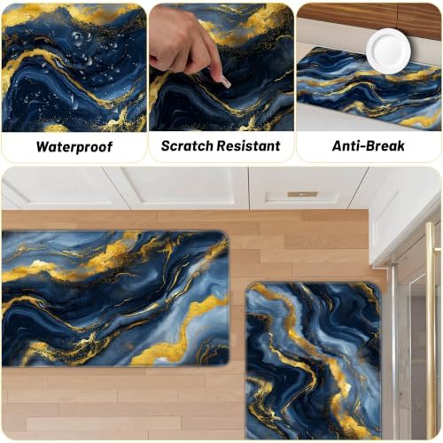 Tyrot Gold Blue Kitchen Mats for Floor 2 Pcs 17.3"X28"+17.3"X47"