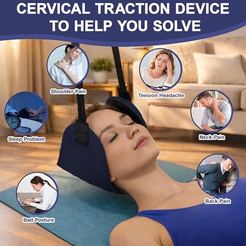SPRING SEAON Neck Hammock Cervical Traction Device with Ear Pads, NavyBlue