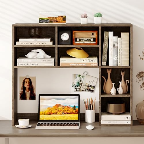 Tangkula Desktop Bookshelf, 37" Countertop Storage Hutch with 7 Cubes & 3 Adjustable Shelves, 3-Tier Desk Display Rack Organizer, Multipurpose Wood Desktop Hutch for Dorm Home Office (Grey)
