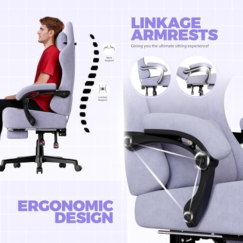 GTPLAYER Big and Tall Gaming Chair Fabric with Pocket Spring Cushion, High Back Ergonomic Computer Chair with Footrest for Adults Lumbar Support Swivel Game Chair for Office 350LBS, Macaron Purple