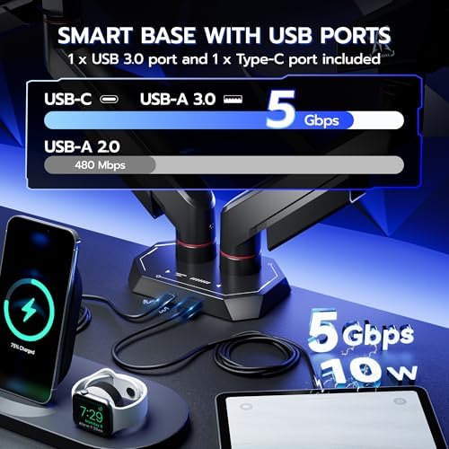 ARES WING 17-35 Inch Heavy Duty Dual Monitor Arm with USB, Black