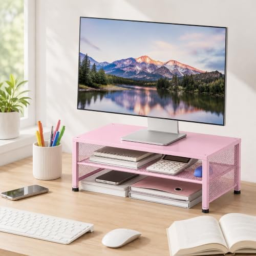 OPNICE 2-Tier Computer Monitor Stand Riser, Laptop Stand for Desk, Desk Organizer for Office, Home and School Supplies, Pink