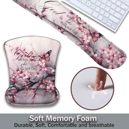 Ergonomic Keyboard Wrist Rest & Mouse Wrist Support Set with Lace Coaster, Gel Memory Foam Anti-Slip Base, Pain Relief for Typing, Cherry Blossom Butterflies