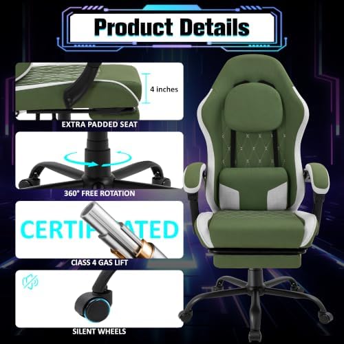 Gaming Chair with Footrest, Ergonomic Fabric Desk Chair, Dark Green