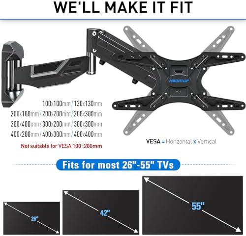 MOUNTUP Height Adjustable TV Wall Mount for 26-55 Inch TVs, Spring Arm Full Motion Articulating TV Bracket Mount with Smooth Swivel Tilt & Safe Corner Installation, 400x400mm VESA, 11-66 lbs