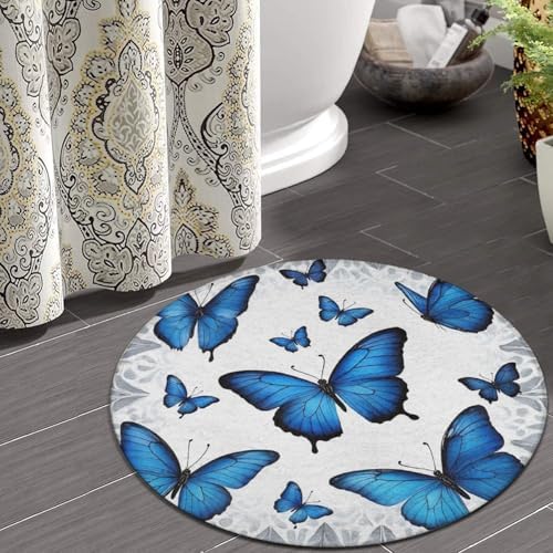 Large Machine Washable Circular Rugs, Home Decor Round Mat for Living Room Sofa Office Beautiful Blue Butterfly