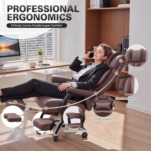 BestGlory Office Desk Chair, Big and Tall Leather Gaming Chair with Footrest, Ergonomic Comfy Executive High-Back Reclining Computer Chairs, Wide Swivel Rolling Wheels and Padded Lumbar Support,Coffee