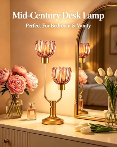 Lightdot Flower Table Lamp Dimmable Vintage Pink Glass Lamp Bulbs Included