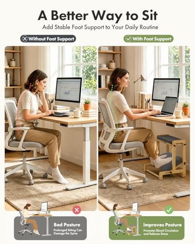 Amazer Double Step Foot Rest for Under Desk, 4 Adjustable Heights Bamboo Under Desk footrest with Soft Cushion, Dual-Layer Desk Foot Stool for Office Home Gaming, Natural Wood Foot Rests for Work