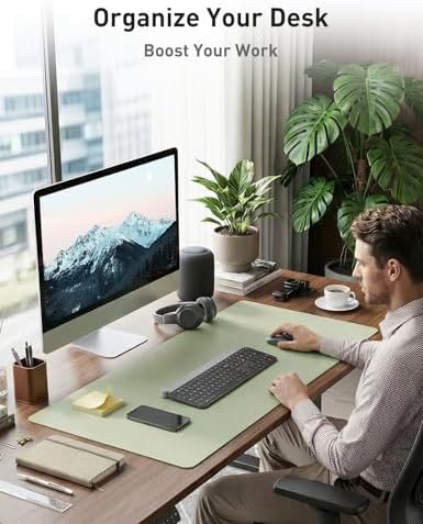 Aothia Faux Leather Desk Mat - Non-Slip PU Leather Desk Blotter, Waterproof Writing Surface, Large Desk Pad for Office & Home (Grass Green, 55" x 17")