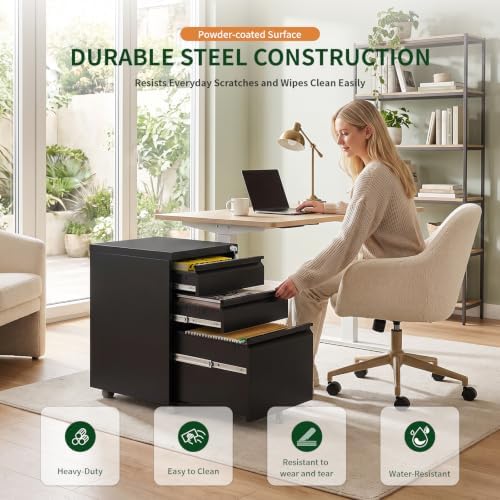 3 Drawer Metal File Cabinet with Lock & Rolling Casters