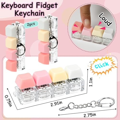 2 PCS Keyboard Fidget Toy, Keyboard Fidget Keychain 4-in-1 Keyboard Decompression Button Finger Clicker Toys, Button Stress Relief Fidget Gifts to Relief Stress (Fours Colors-Pink Yellow White)