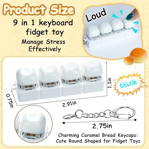 2 PCS Cute Keyboard Fidget Toy, Bread Shape Keyboard Fidget Keychain 4-in-1 Keyboard Decompression Button Finger Clicker Toys, Portable Tactile Button Sensory Fidget Toys Stress Relief Gifts (W-Bread