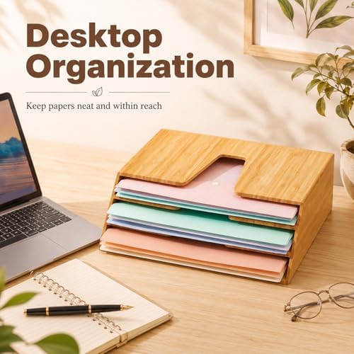 Suzile Bamboo Wall Mounted File Folder Holder Organizer, 3-tier Vertical File Organizer Wooden Sorter Rack for Office, Home, Desktop, Desk Letter Mail Document Storage, 13" x 4.5" x 11.5"