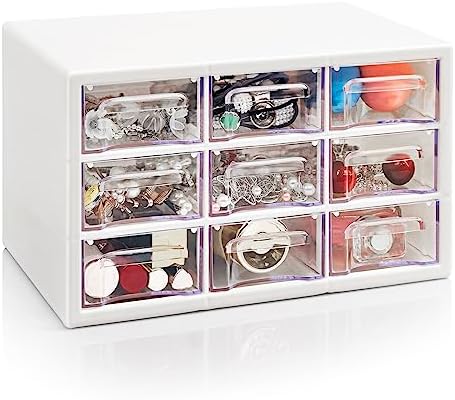 Stackable Desk Organizer with 9 Drawers, Clear Storage Box, White