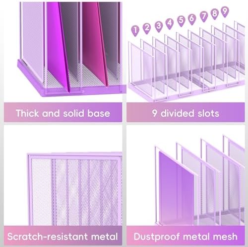 9-Section Desk File Organizer, Vertical File Holder, Mesh Desktop File Folder Metal File Organizer Stand for Office Home Classroom, Purple
