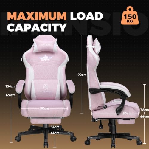 GTPLAYER Gaming Chair with Footrest, Ergonomic Office Chair 400lbs Heavy Duty, Big and Tall Computer Desk Chair with Lumbar Support and Headrest, Breathable Linen Fabric, 90-155° Recline Pink