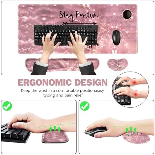 ToLuLu Extended Gaming Mouse Pad, Memory Foam Ergonomic Keyboard Mouse Wrist Rest Support Set, Large Desk Mat with Stitched Edges, Non-Slip Base Mousepad for Home Office Game, Pink Stay Positive
