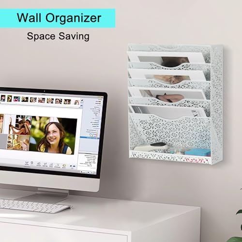 EasyPAG Desk File Organizer Heavy Duty Metal Wall Mount File Holder 5 Tier Mail Paper Folder Holder with Bottom Tray for Office Home Cubicle Countertop, White