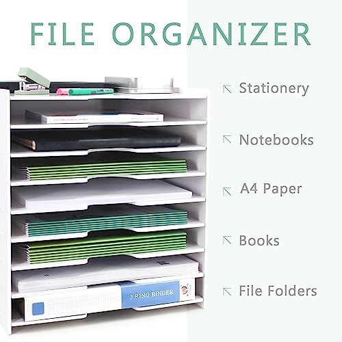 SONGWAY File Organizer for Desk - 9 Tier Wide Document Holder, Letter Mail Tray Storage Rack, File Sorter Organizer, Paper Storage Holder, Desktop Organizer for Home Office School, White