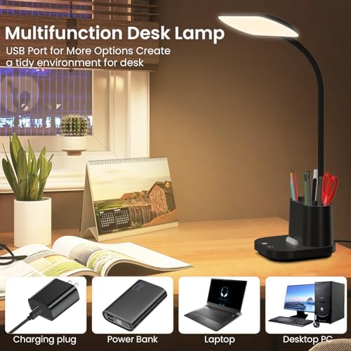 DEEPLITE LED Desk Lamp with USB Adapter Charging, Eye-Caring Study Lamp for Home Office, 3 Color Dimming Brightness Touch Control, Pen/Phone Holder, Flexible Gooseneck Reading Lamp