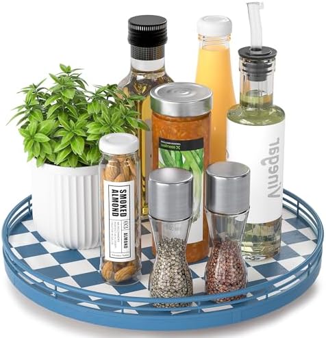 Blue and White Checkerboard Lazy Susan with Rubberwood Base and Metal Rail
