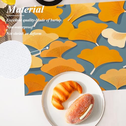 Shrahala Autumn Ginkgo Leaves Set of 6 12 X 18 Inch Linen Placemats, Yellow Leaves Blue Background Burlap Table Mat Washable Double Layered Heat Insulation for Indoor