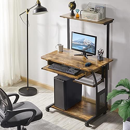 Yaheetech Small Rolling Computer Desk with Hutch and Shelves, Rustic Brown