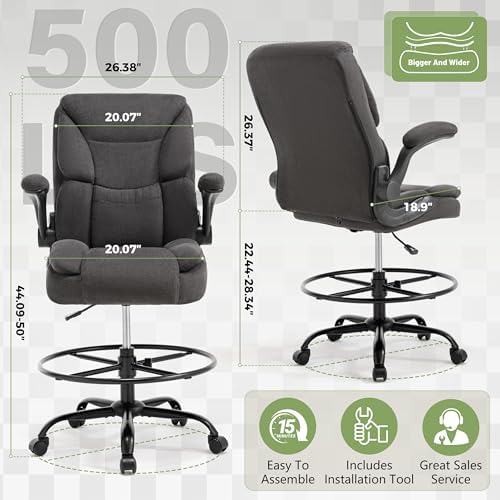 500LBS Drafting Chair, High Back Safer Standing Desk Chair, Executive Tall Office Chair with Flip-up Armrests, Upholstered Fabric Task Chair, Ergonomic Seat with Adjustable Height&Foot Ring, Dark Gray