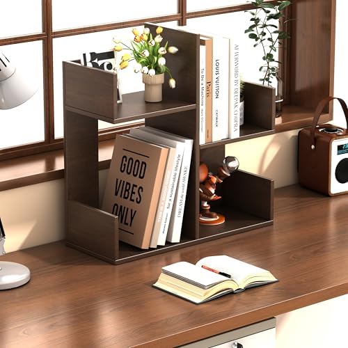 Modern 2-Tier Desk Bookshelf, Short Book Organizer, Display Shelf & Desktop Storage Rack, Space-Saving Desk Bookshelf for Books, Decor & Small Items, Brown