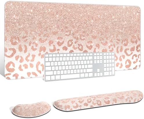 Auhoahsil Large Mouse Pad with Wrist Rests for Keyboard & Mouse, Thick Soft Ergonomic Memory Foam Wrist Supports, Big & Long Desk Mat 35.5 x 15.7 in, for Office Gaming Computer, Pink Gold Leopard