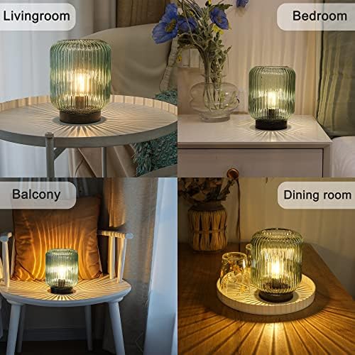 LUSHARBOR Battery Operated Lamp, Cordless Table Lamps for Home Decor, Battery Powered Nightlight with LED Bulb, Decorative Glass Beside Lamp for Bedroom Living Room-Green