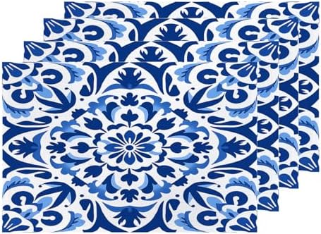 Shrahala Blue White Set of 4 12 X 18 Inch Linen Placemats, Delicate Floral Burlap Table Mat Washable Double Layered Heat Insulation for Indoor/Outdoor