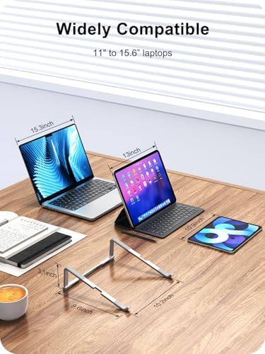 MOKURU Laptop Stand for Desk, Aluminum Computer Stand for Laptop, Foldable Laptop Riser, Portable Laptop Stand, Compatible for MacBook Pro/Air, Dell, HP, Lenovo, 11'' -15.6'' (Silver)