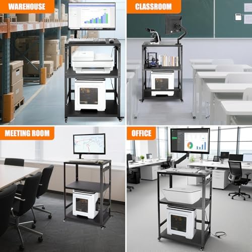 AV Cart with Monitor Mount, Height Adjustable Media Cart with Wheels and Power Strip, Rolling Workstation for Office, Classroom & Warehouse, Steel Presentation Stand for Projector, Laptop & Printer