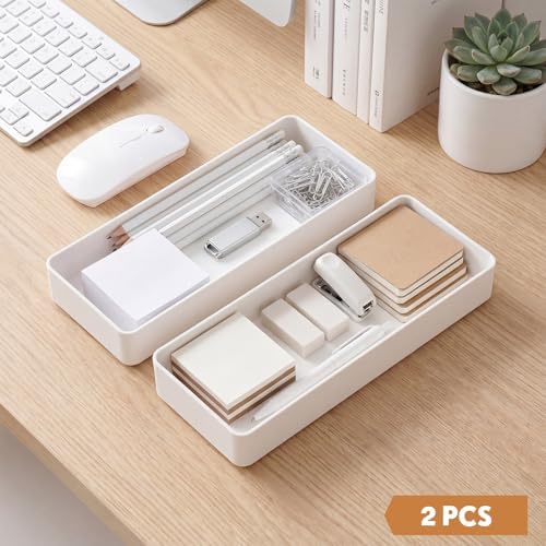 Teling 2 Pcs White Plastic Desk Drawer Organizer Pen Tray Shallow