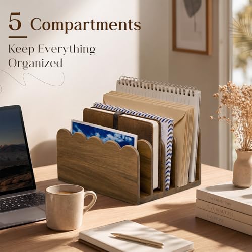 Novabright Acacia Wood Mail Organizer for Desk, 5 Slot Scalloped Letter Sorter, Vertical Countertop Mail Holder for Home Office Bill Envelope Document Organization, No Assembly Required