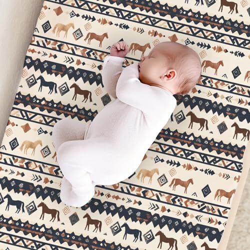 Native American Tribal Horses Geometric Pattern Baby Changing Pad Cover, Unisex Western Nursery Diaper Changing Table Pad Mat Sheet for Boys Girls-16x32