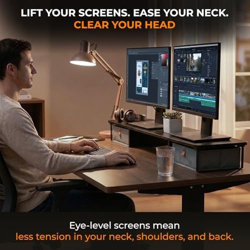 DuoStand Plus - 39” Dual Monitor Riser for Desk with 2 Drawers - Wood & Steel Double Monitor Stand with Storage - Desk Organizer Shelf for Desktop Computer, Laptop, TV & Printer (Matte Black)