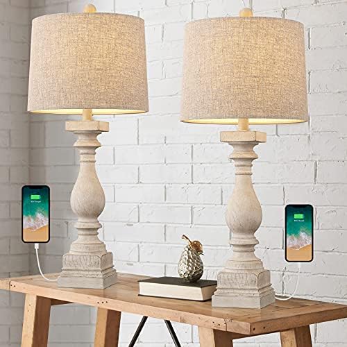 BOBOMOMO 27" Table Lamp with USB C+A Charging Ports Set of 2 Antique Nightstand Lamp for Bedroom Living Room Farmhouse Office Retro Rustic Resin Bedside Desk Lamps Washed White (Blubs not Included)