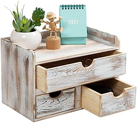 Rustic Distressed white 3-Tier Wood Desk Organizer with 3 Drawers Mini Storage Shelf For Desk, Toiletries Vanity Office Supplies (Vintage white)