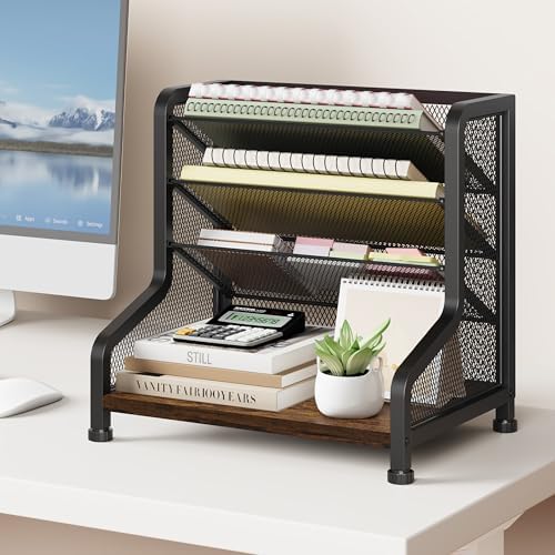 SWTYMIKI Paper Organizer, Mesh and Wood Desk Office Organizer, Office Organization and Binder Storage for Workspace, Home, School, Espresso