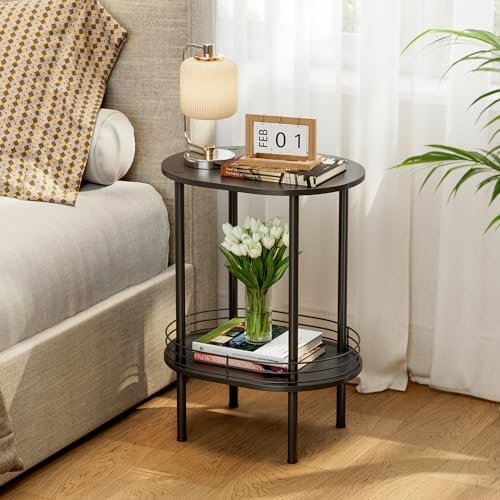 Small Oval Side Table with Storage, 2-Tier Black End Table for Small Space