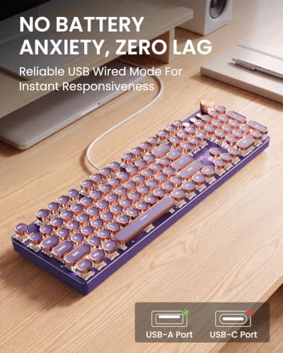 Wired Typewriter Mechanical Keyboard, Retro Punk Keyboard with Media Knob