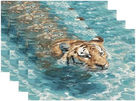 Batmerry Cute Tiger in Water Blue Linen Placemats Set of 4, Swimming Washable Table Mats for Kitchen Table Thickened Heat Insulation Dining Set Indoor Outdoor 12X18 in