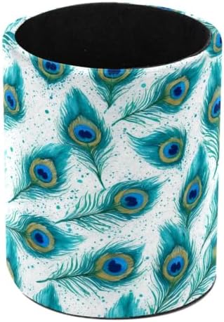 Leather Pen Holder for Desk, Peacock Feather Pencil Cup Pen Organizer Makeup Brush Holder for Office Home Kids Countertop Desk Accessory Storage