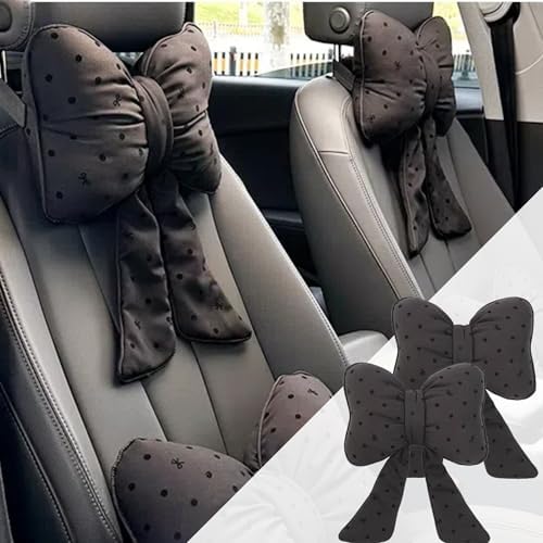 2PCS Chic Car Headrests with Bow-Shaped Cotton Linen Bowknot Neck Pillows for Cozy Road Trip & Cute Interior Decoration (Black Polka)
