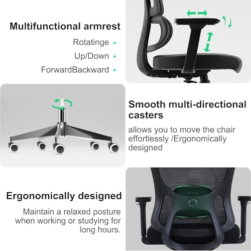 Monhey Black Office Chair, Ergonomic Office Chair, Home Office Desk Chair for Big and Tall People, Computer Chair with Adjustable Headrest, Lumbar Support, Flip-Up Arms, PU Wheels (03black)