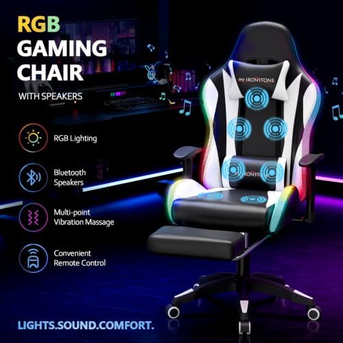 Mr IRONSTONE RGB Gaming Chair with Bluetooth Speakers, Multi-Point Vibration Massage Gaming Chair (Seat, Back & Lumbar), Ergonomic High Back Recliner, Footrest for Adults, Iridescent Black