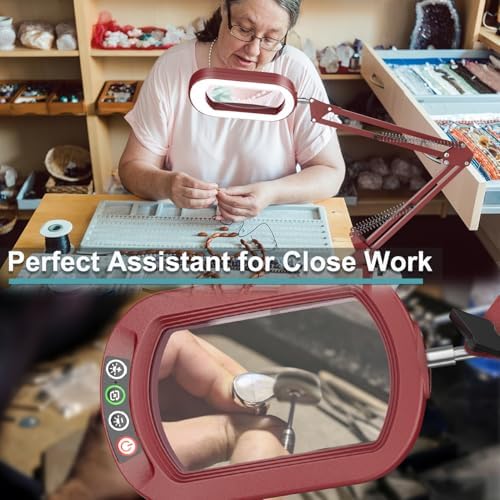 IVMAIE 12X Rectangle Magnifying Glass with Light, 5 Color Modes Stepless Dimmable Magnifier with Stand, LED Lighted Clamp Desk Lamp with Swing Arm, Hands Free for Reading Painting Close Work - Red